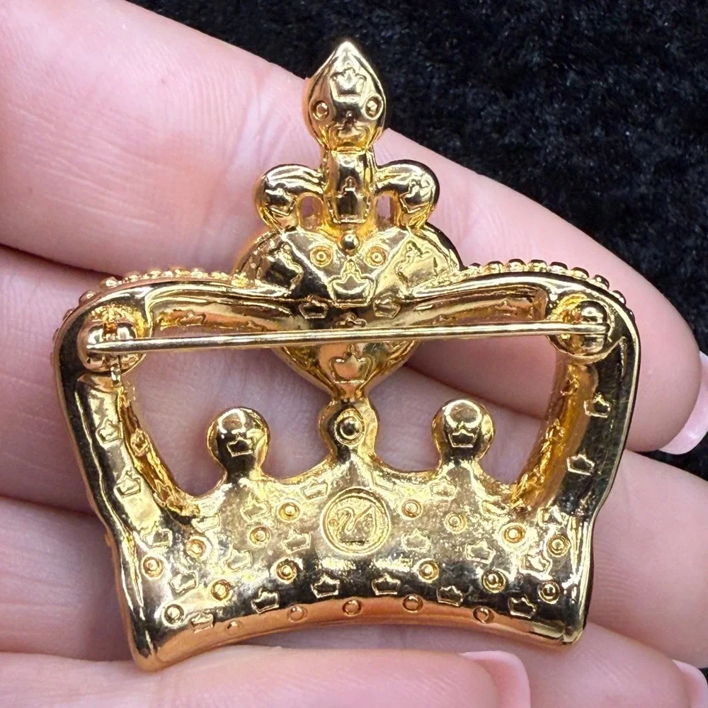 Vintage Swarovski Crown Brooch Gold Tone Heart Green Purple